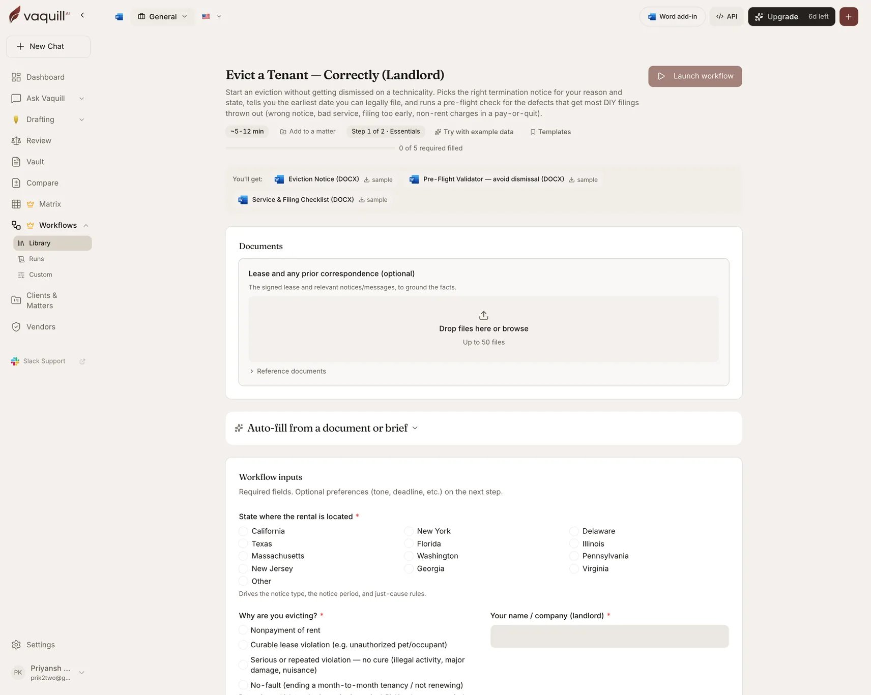 Screenshot of the Evict a Tenant, Correctly launcher showing its document slots and input form