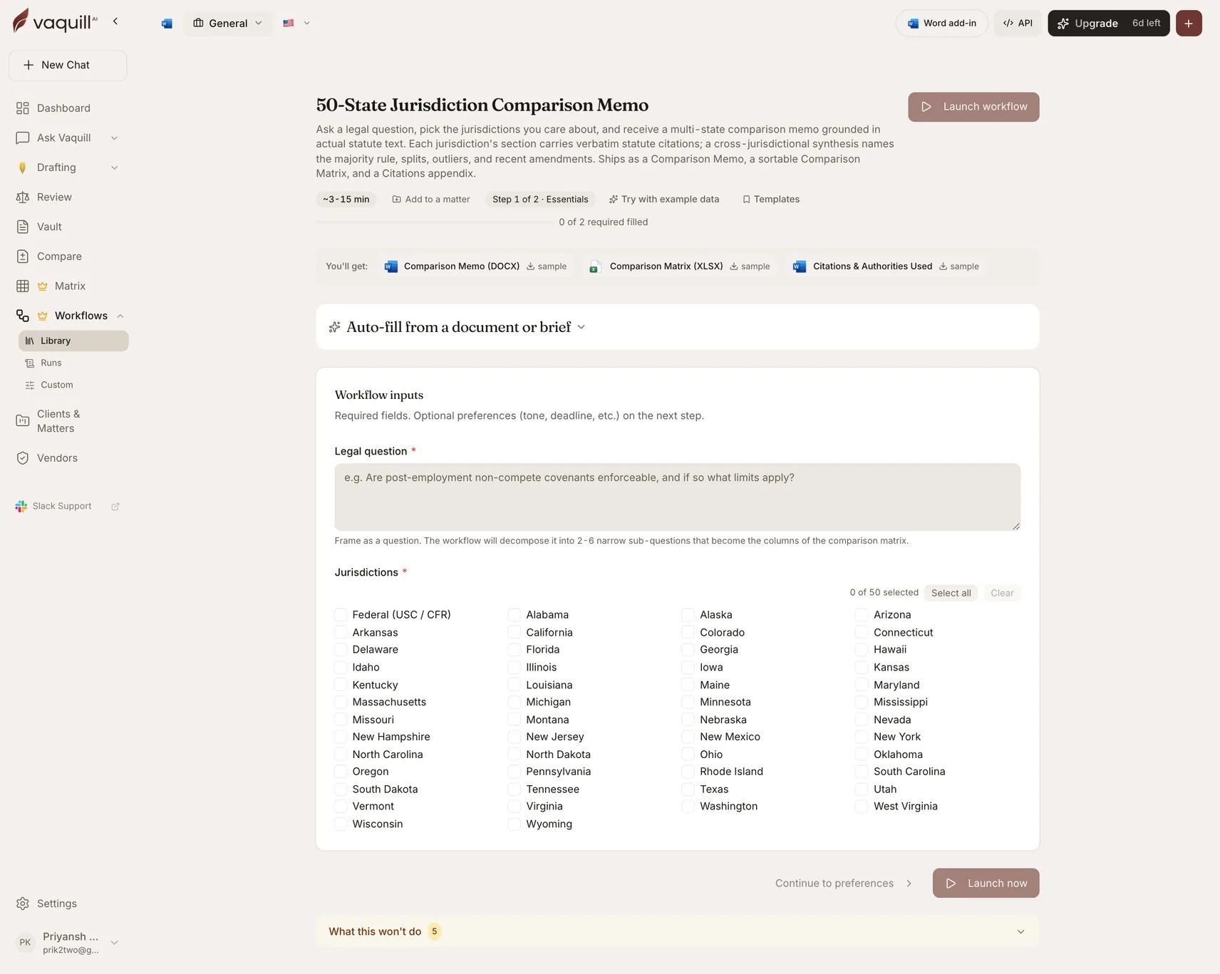 Screenshot of the 50-State Jurisdiction Comparison Memo launcher showing its document slots and input form