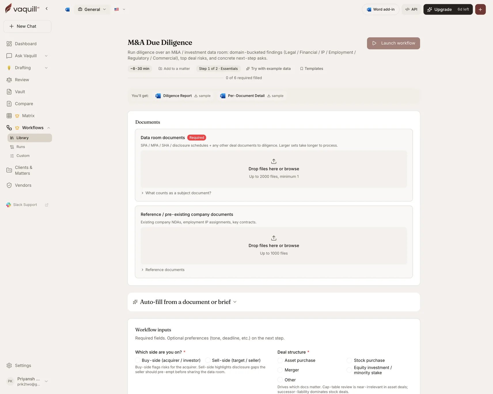 Screenshot of the M&A Due Diligence launcher showing its document slots and input form