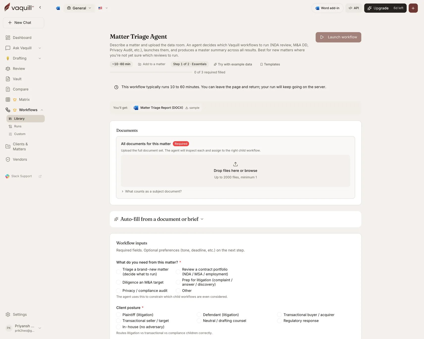 Screenshot of the Matter Triage Agent launcher showing its document slots and input form