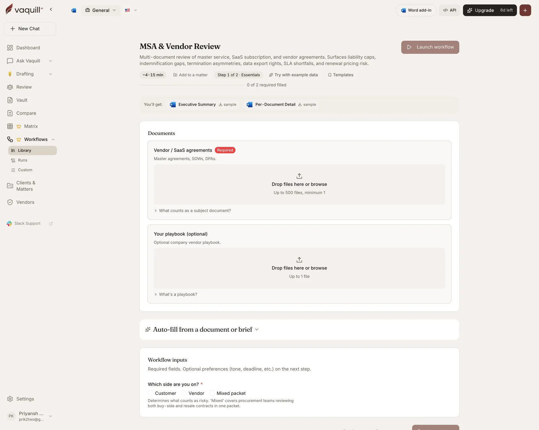 Screenshot of the MSA and Vendor Review launcher showing its document slots and input form
