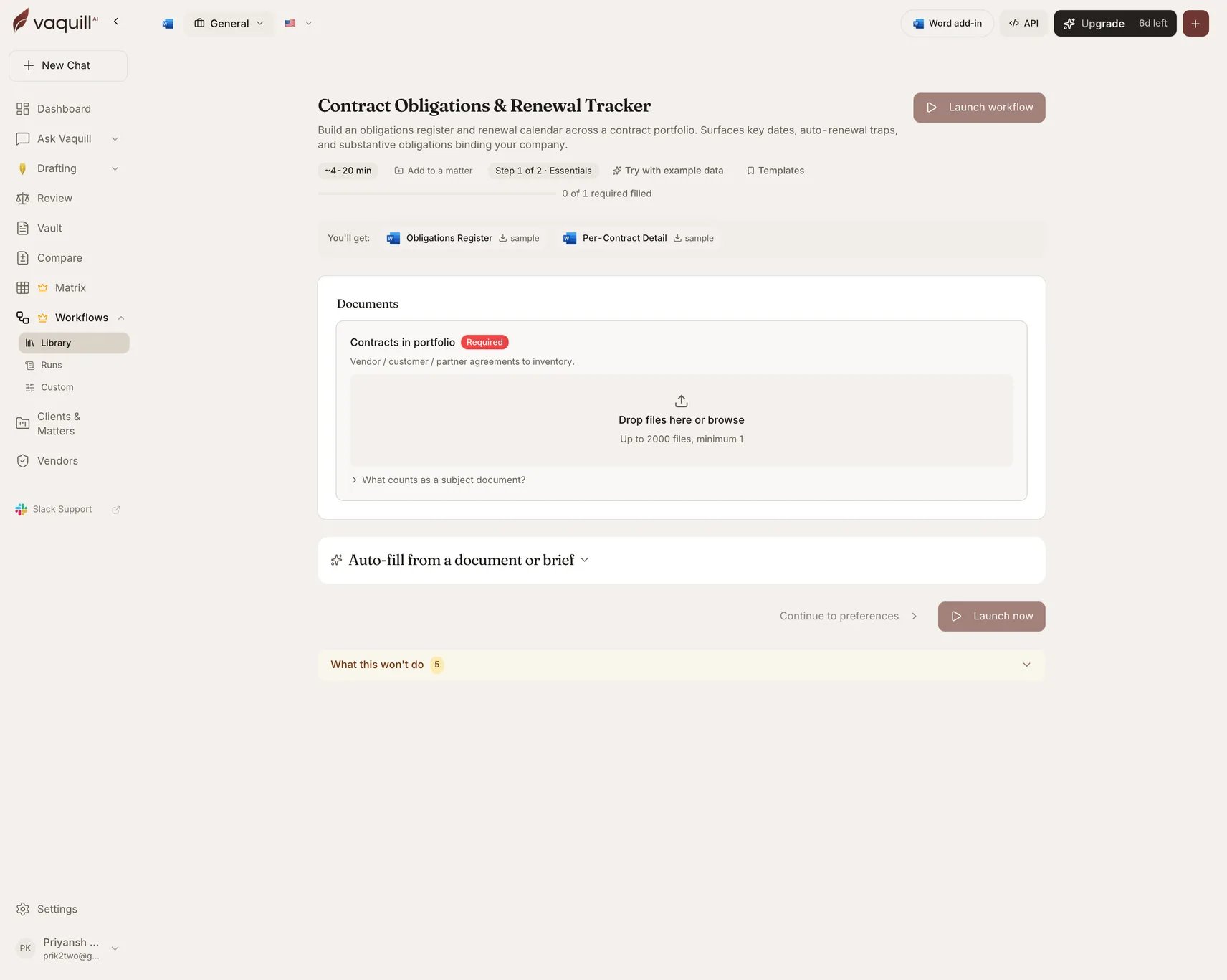Screenshot of the Contract Obligations and Renewal Tracker launcher showing its document slots and input form