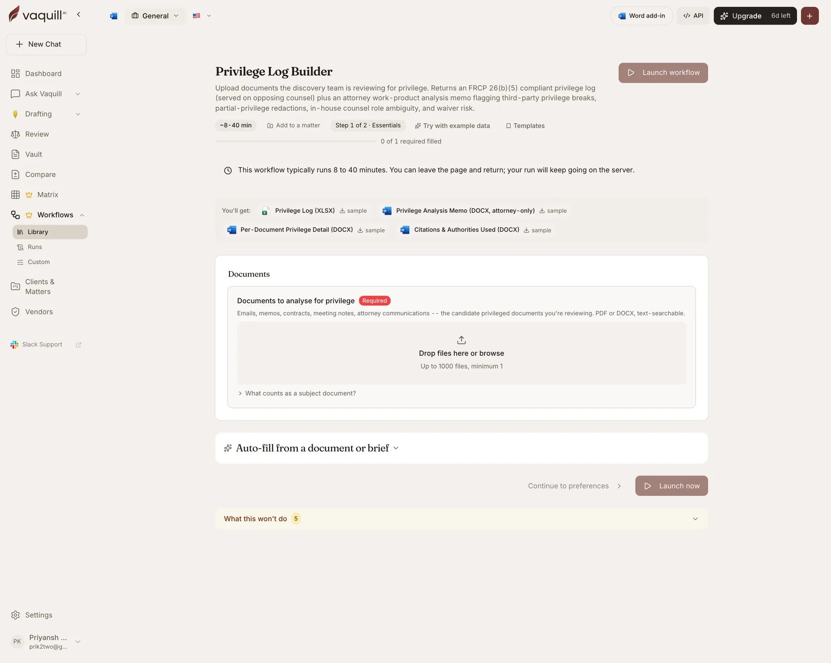 Screenshot of the Privilege Log Builder launcher showing its document slots and input form