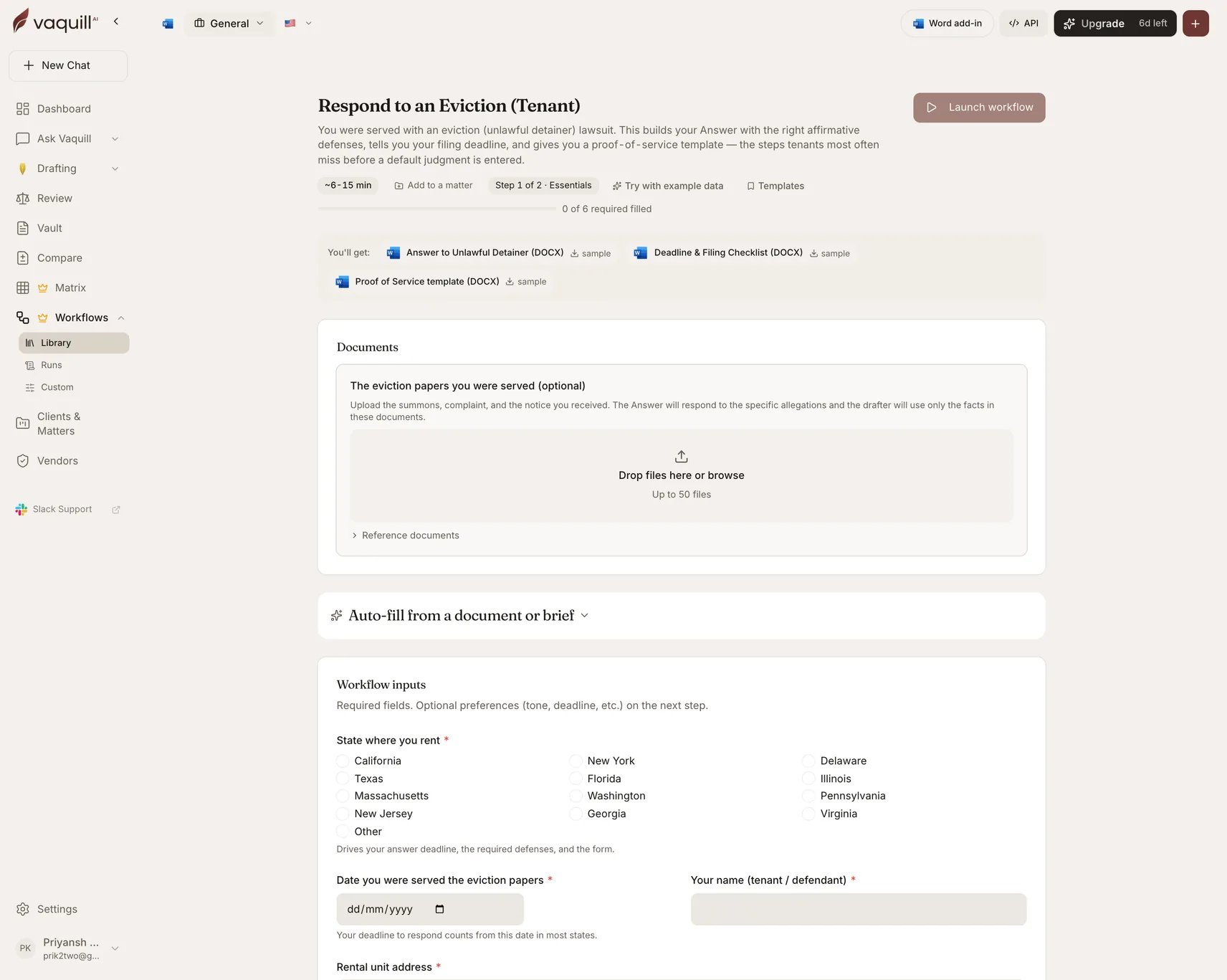 Screenshot of the Respond to an Eviction launcher showing its document slots and input form