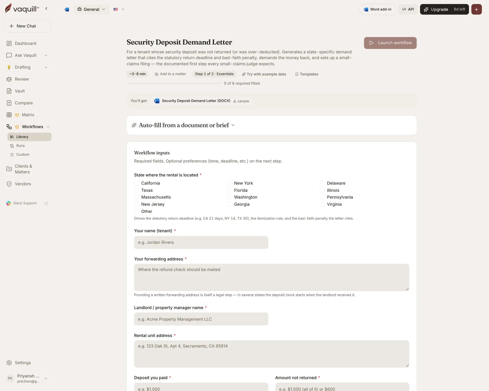 Screenshot of the Security Deposit Demand Letter launcher showing its document slots and input form
