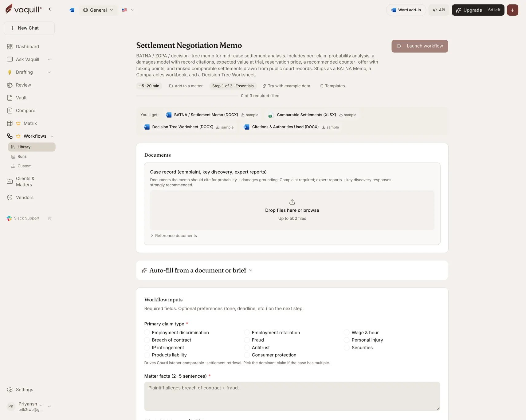 Screenshot of the Settlement Negotiation Memo launcher showing its document slots and input form
