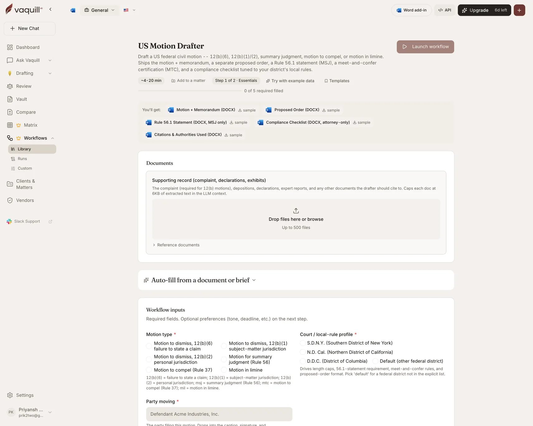 Screenshot of the US Motion Drafter launcher showing its document slots and input form