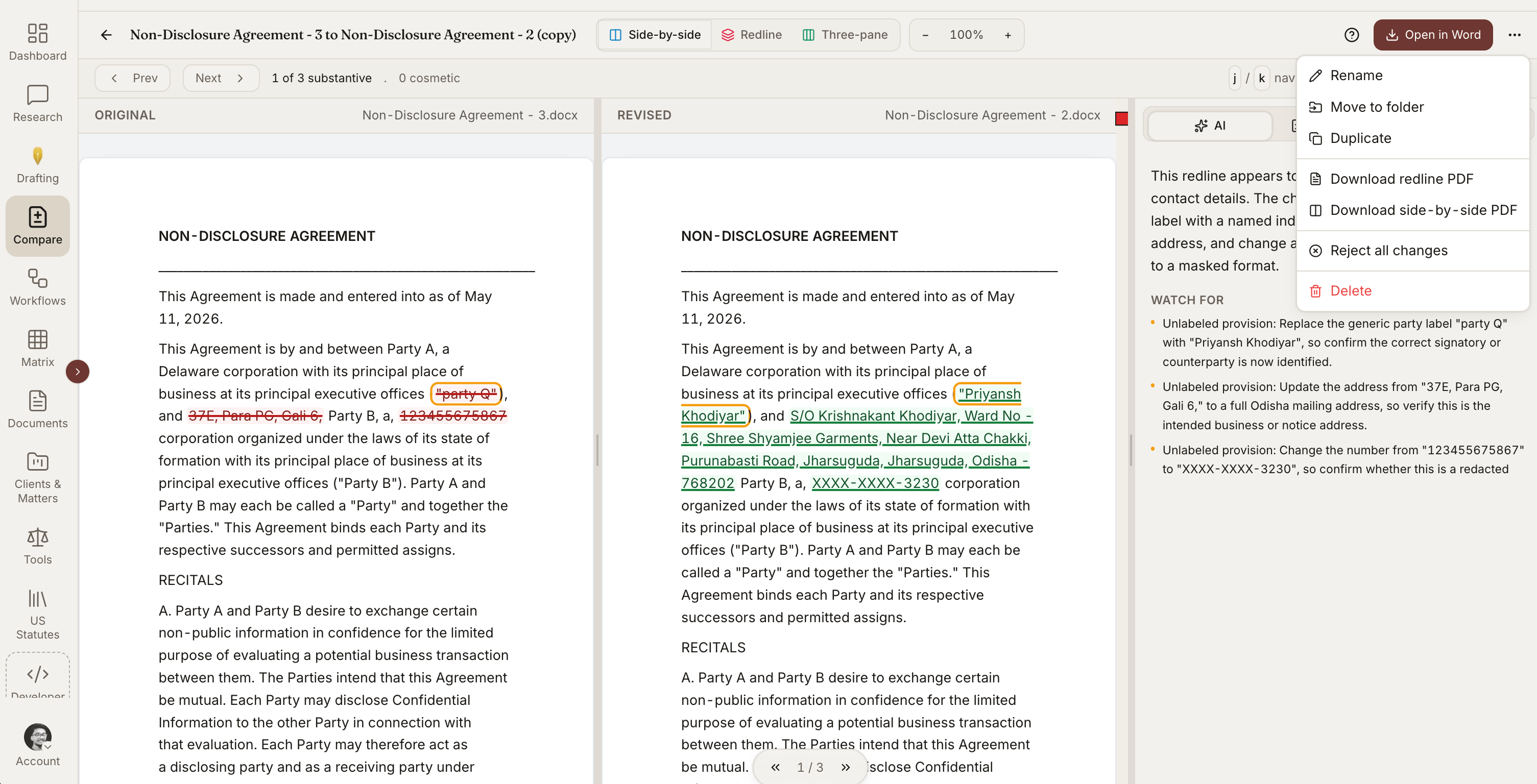 Side-by-side document comparison showing an original NDA and a revised NDA with redline tracked-changes markup and a panel summarizing the changes