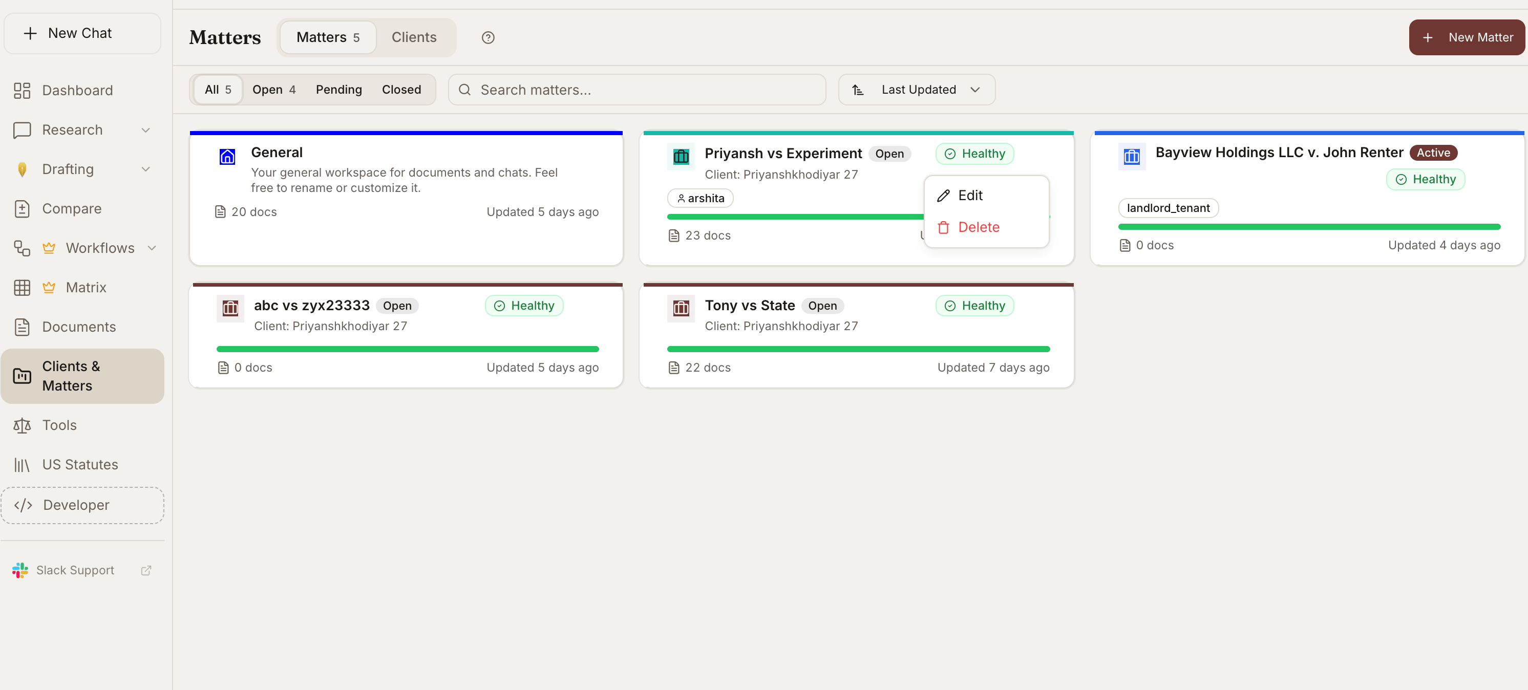 Clients and Matters view showing matter cards with Open and Active status, health, document counts, and client names
