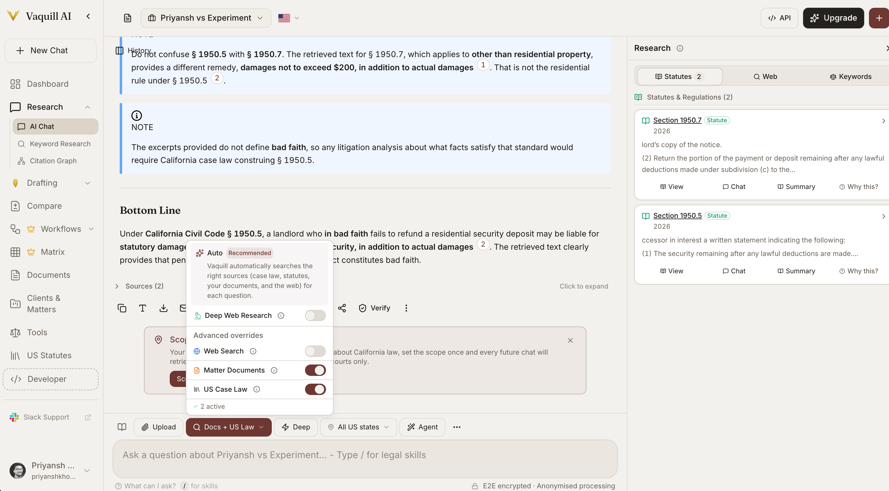 Vaquill legal research chat: a cited answer alongside a Statutes, Web, and Keywords sources panel, with controls for Web Search, Matter Documents, US Case Law, and Deep Web Research and an Agent toggle