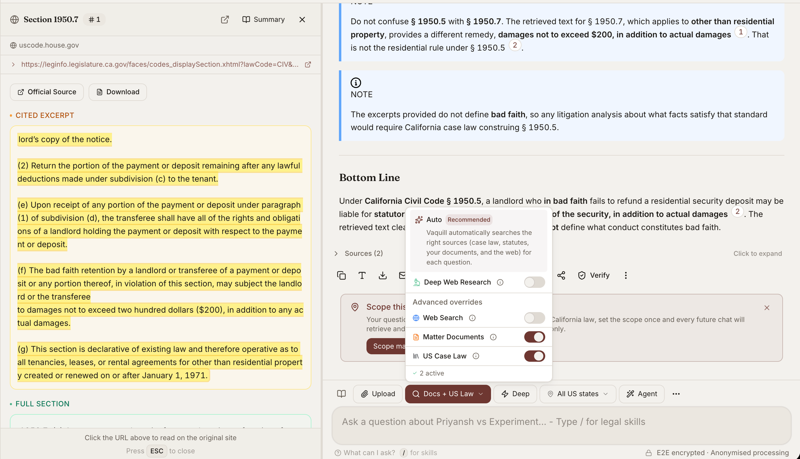 A cited statute section, Cal. Civ. Code 1950.7, with its exact cited text expanded and a list of citations behind the answer