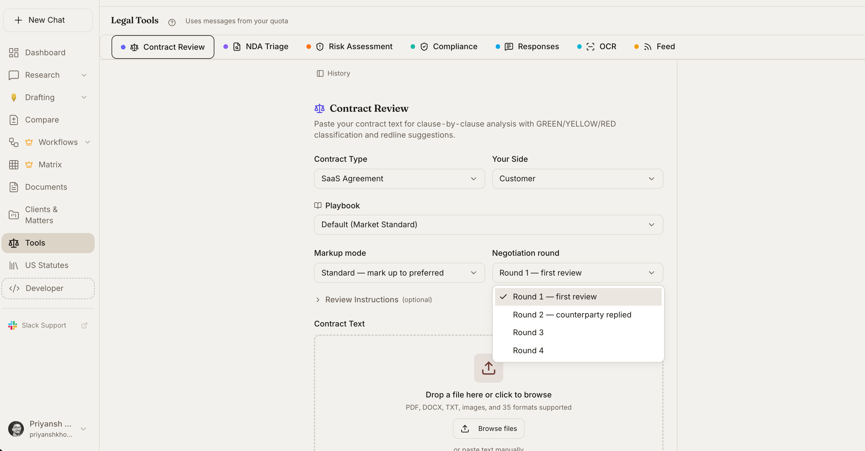 Legal Tools workspace with the Contract Review form open: contract type, your side, playbook, markup mode, negotiation round, and upload