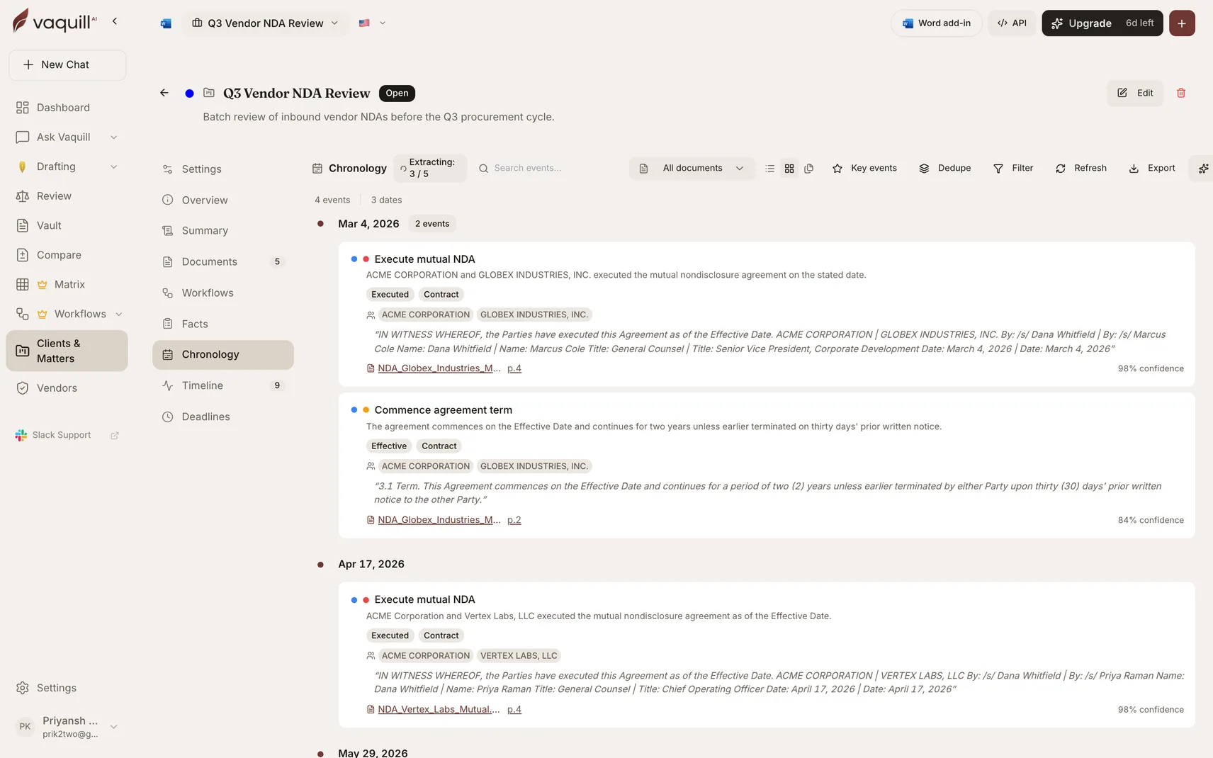 Screenshot of the matter Chronology tab showing a timeline of dated events