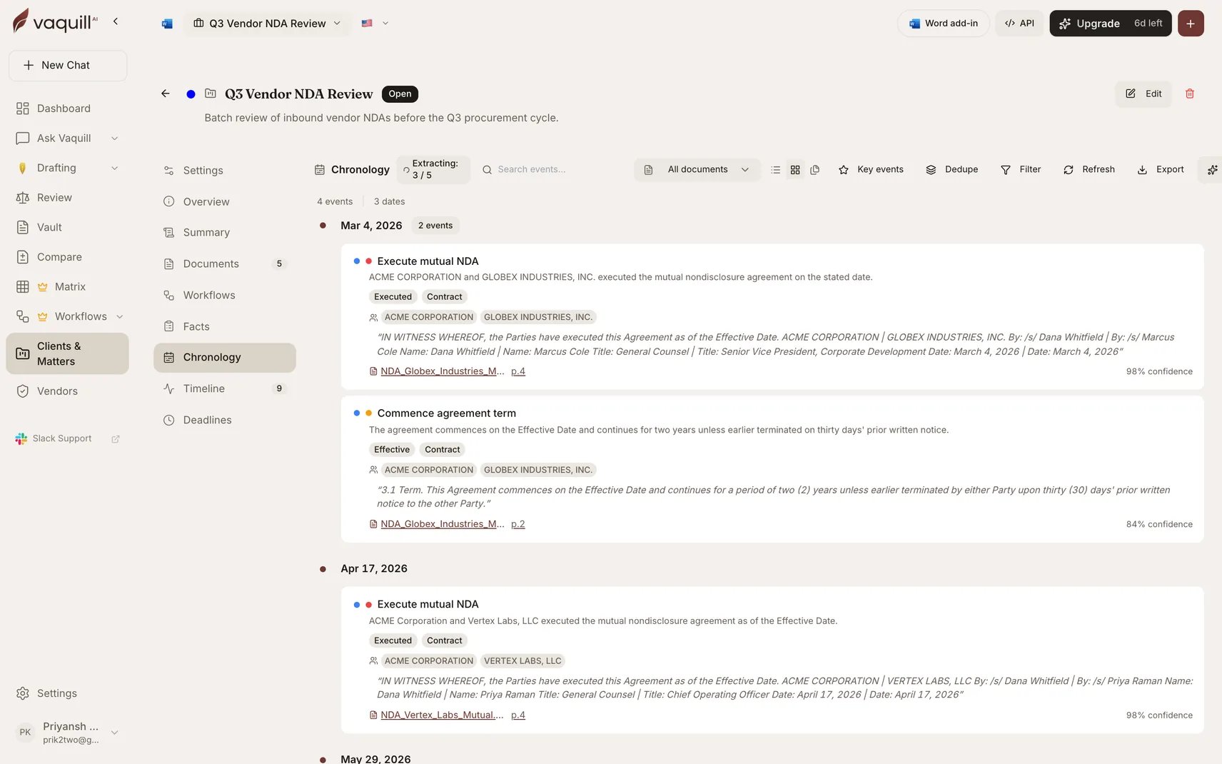 Screenshot of the matter Chronology tab showing a timeline of dated events