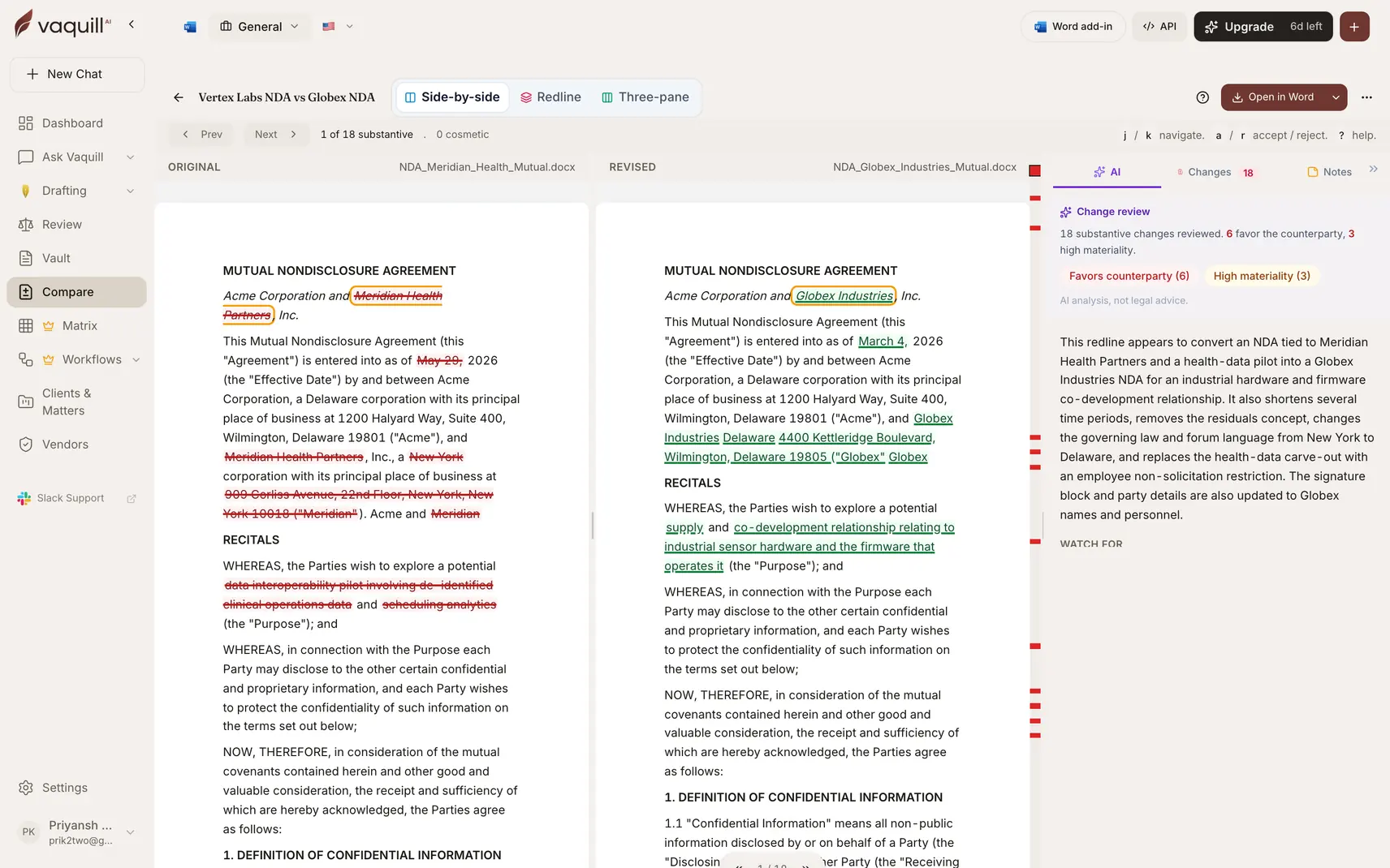 Screenshot of a document comparison showing the redline between two versions