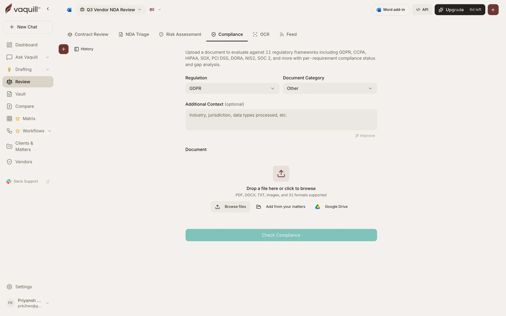 Screenshot of the Compliance tool showing regulation and document category selection