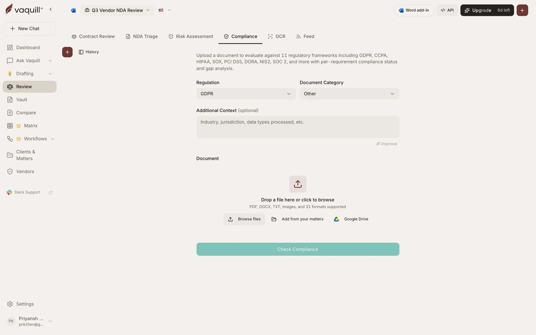 Screenshot of the Compliance tool showing regulation and document category selection