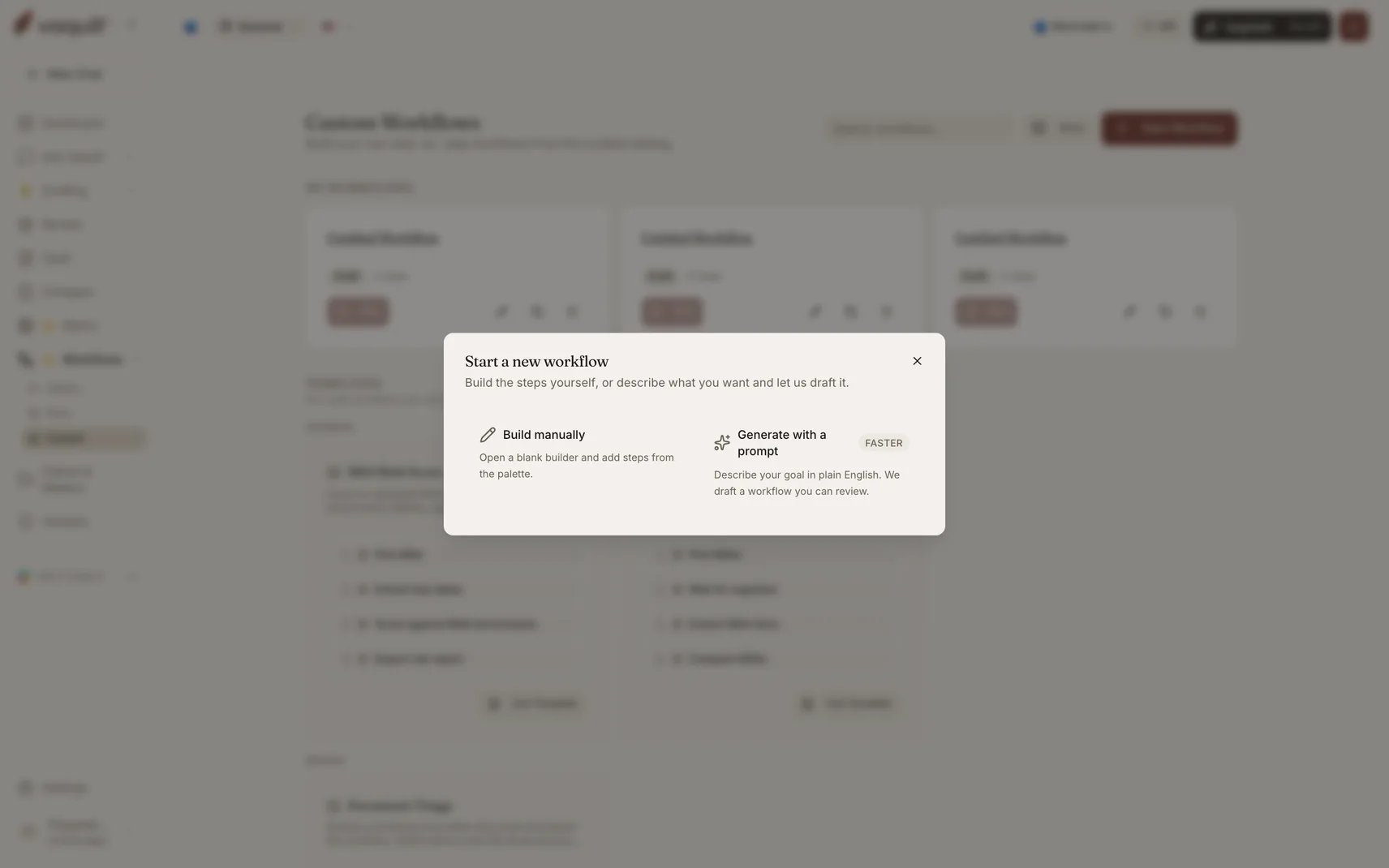 Screenshot of the custom workflow gallery where a workflow can be generated from a prompt