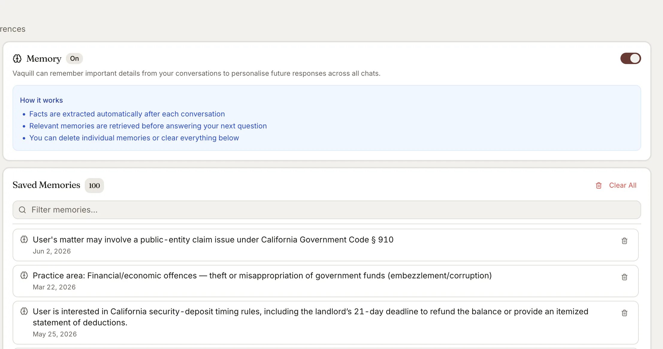 Memories settings showing saved jurisdiction, practice area, and citation preferences used to personalize answers