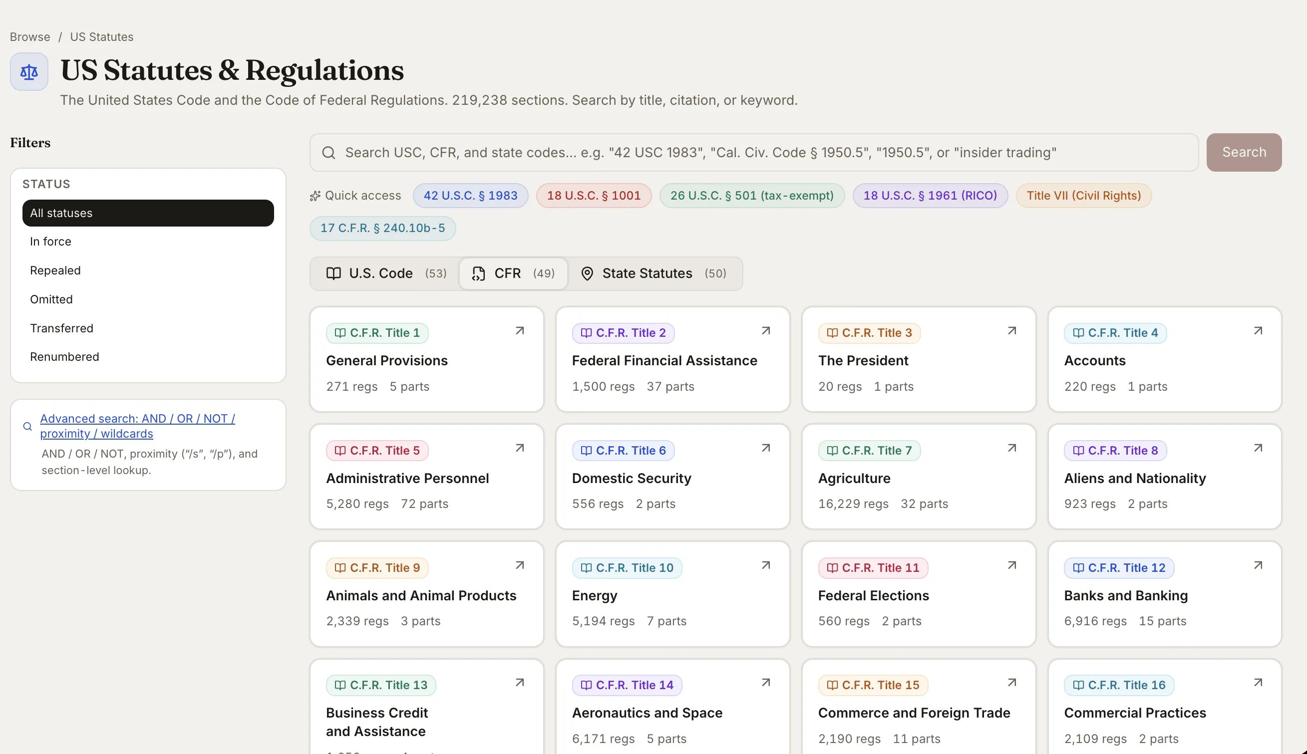 US Statutes browser across the US Code, the CFR, and state codes with amendment history and section-level court interpretations