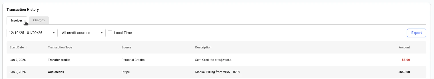Invoices tab of the Transaction History table