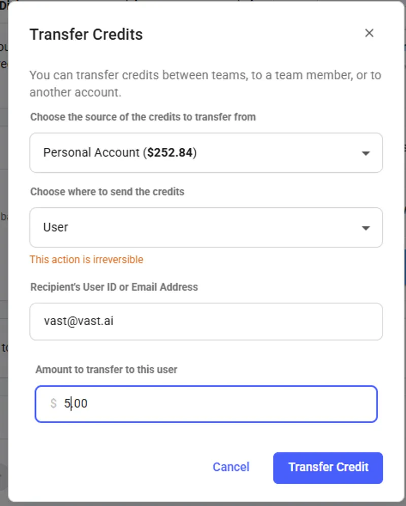 Transfer Credits pop-up