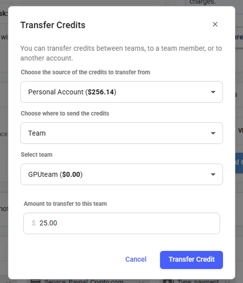 Transfer Credit to a team