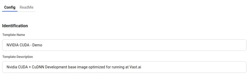 Identification section of the template editor