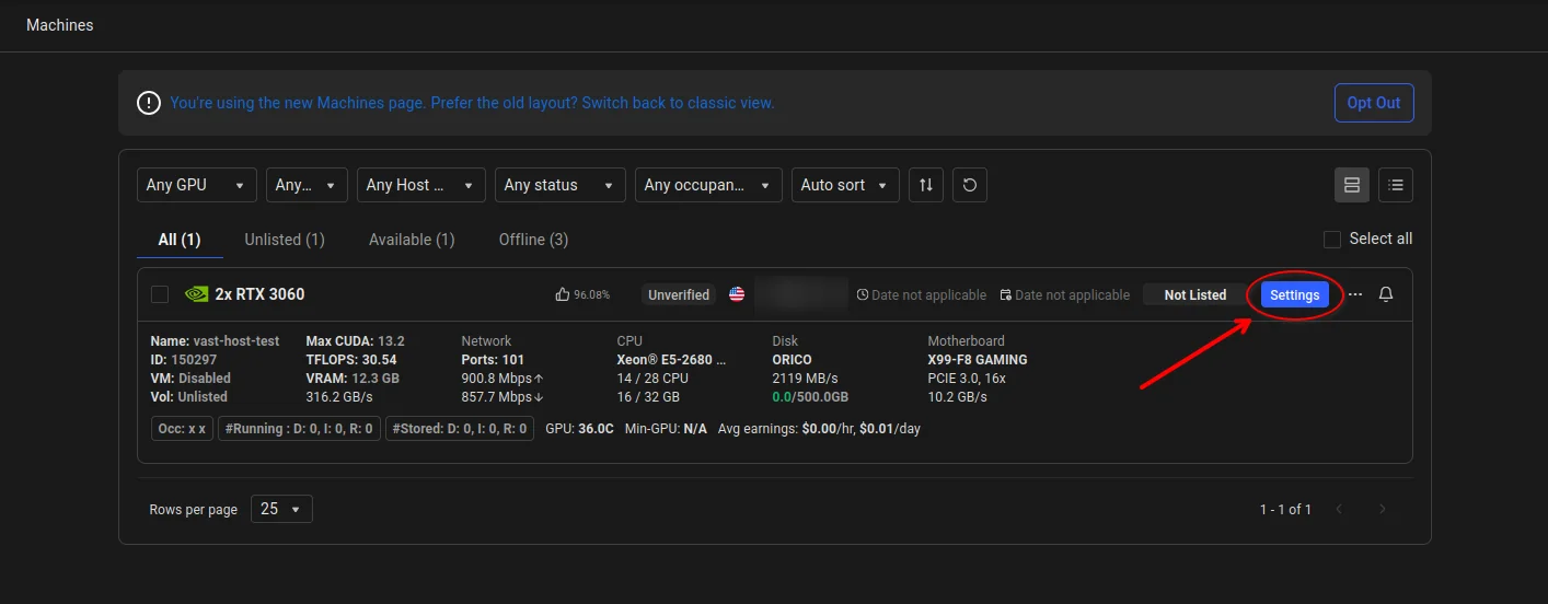 Machines page with the Settings button on a machine card circled