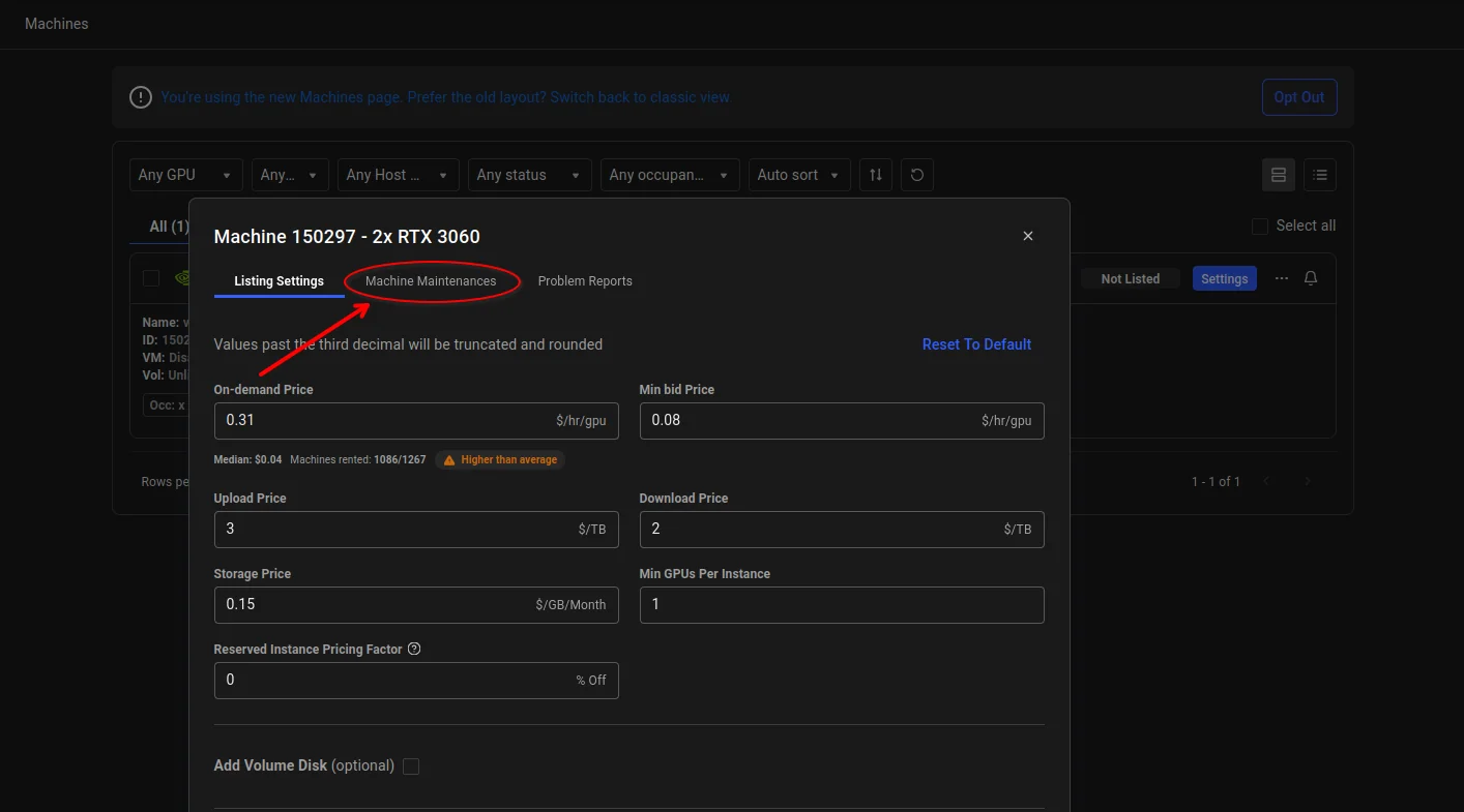 Machine settings dialog open on Listing Settings with the Machine Maintenances tab circled
