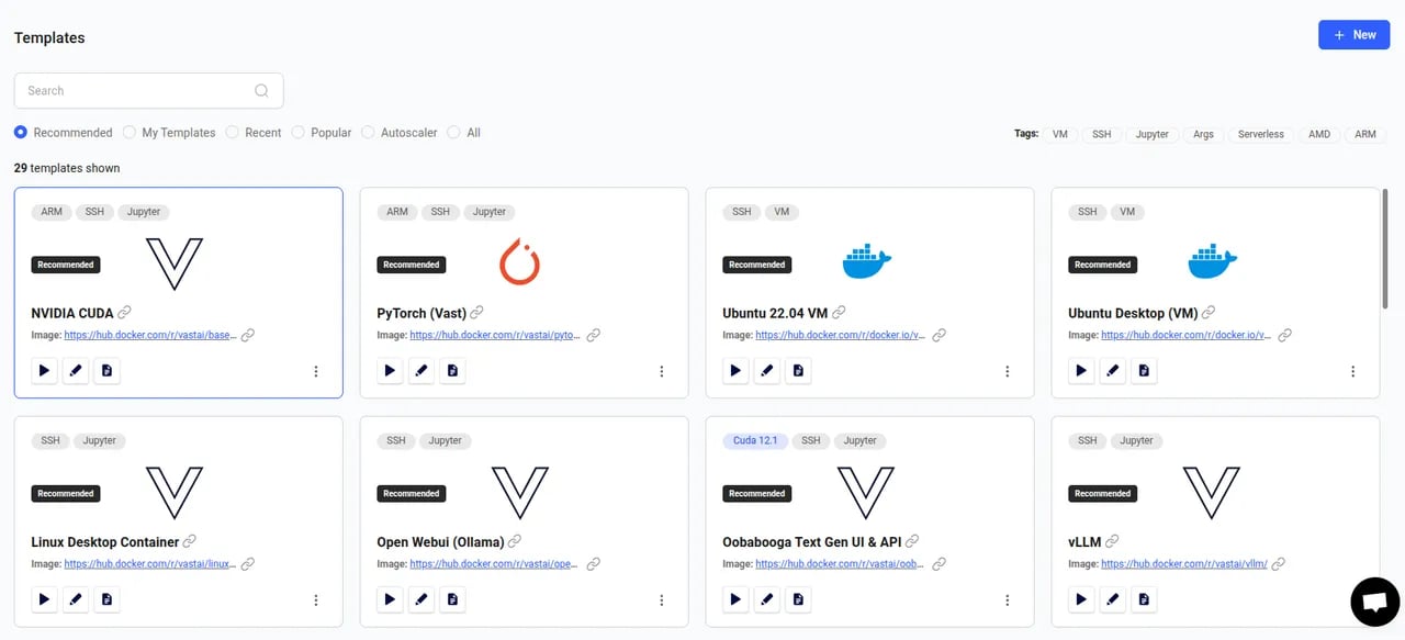 Recommended Templates page