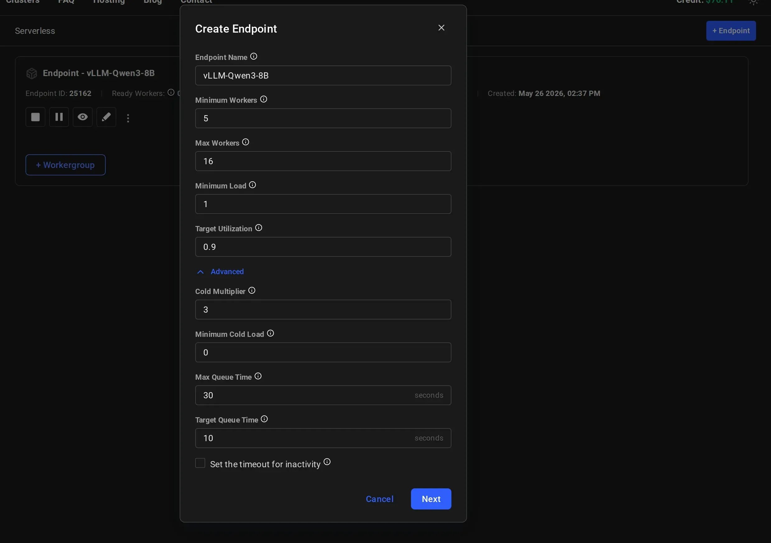 Create Endpoint advanced parameters