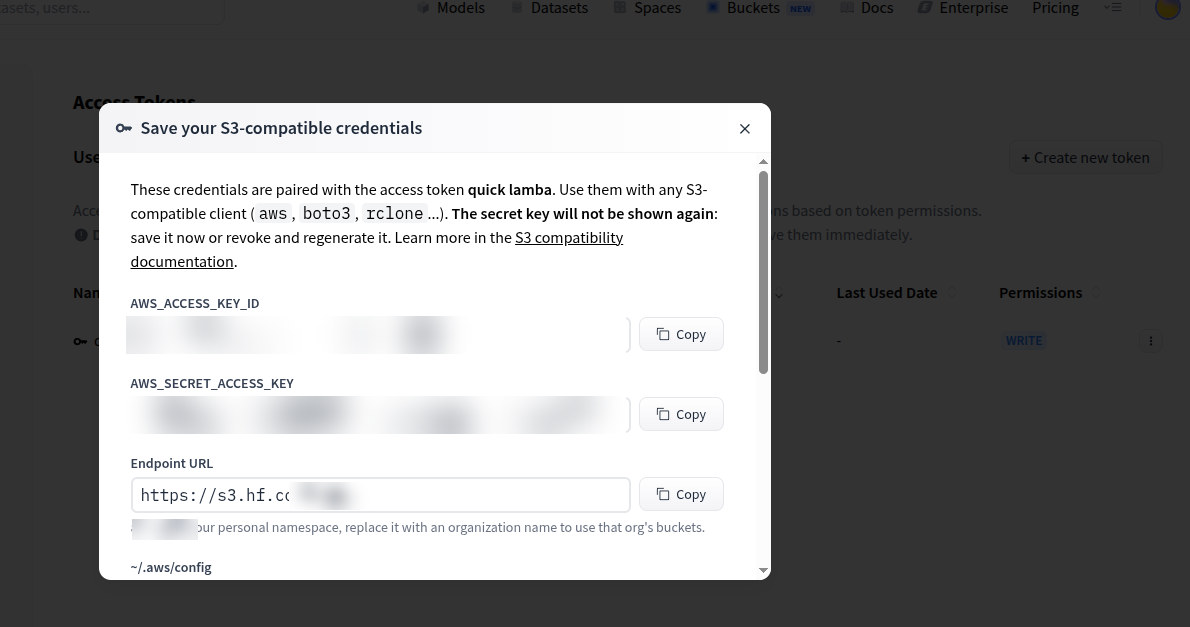 Hugging Face S3-compatible credentials