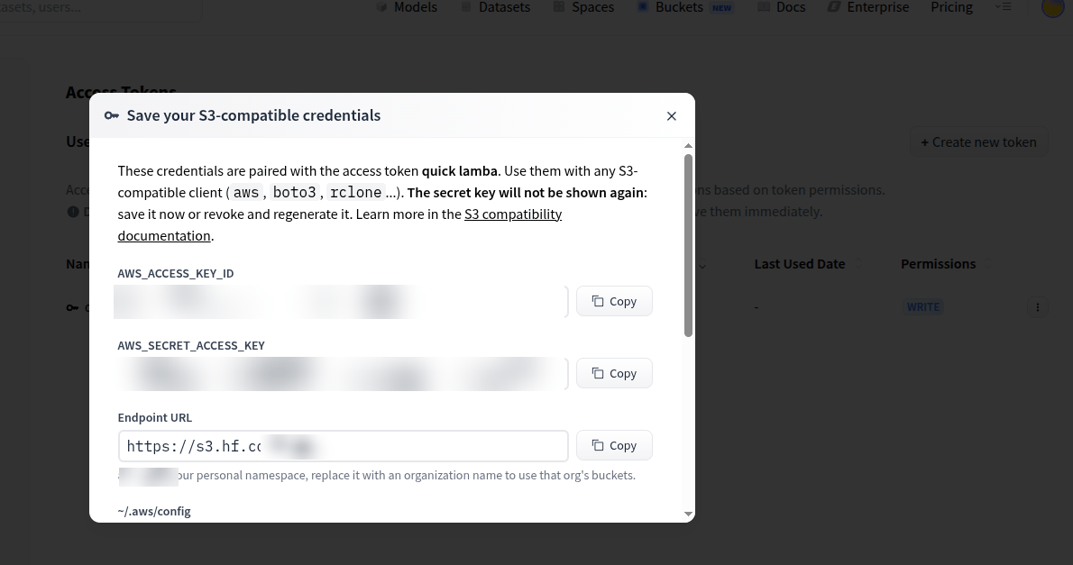 Hugging Face S3-compatible credentials