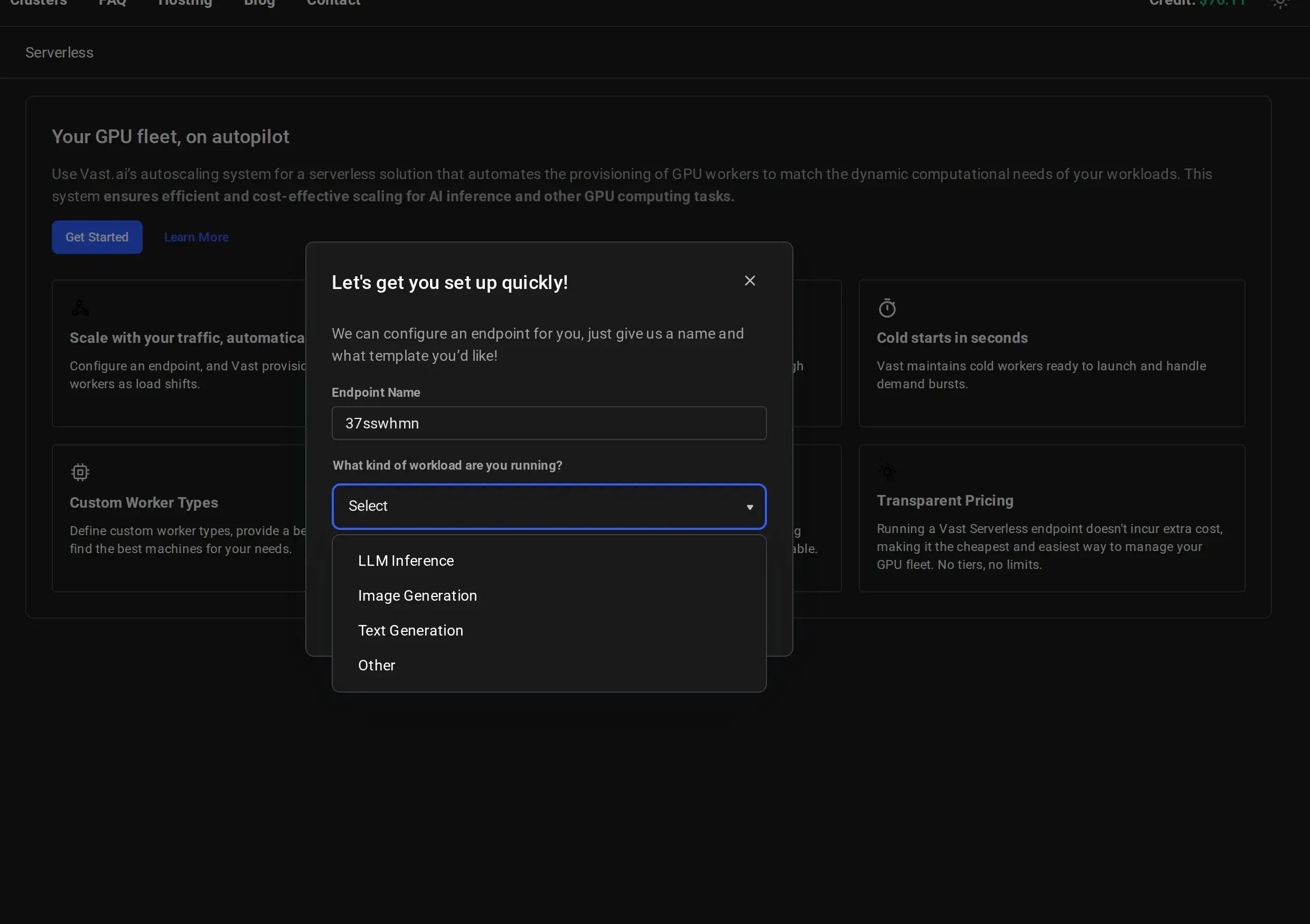 Workload type dropdown