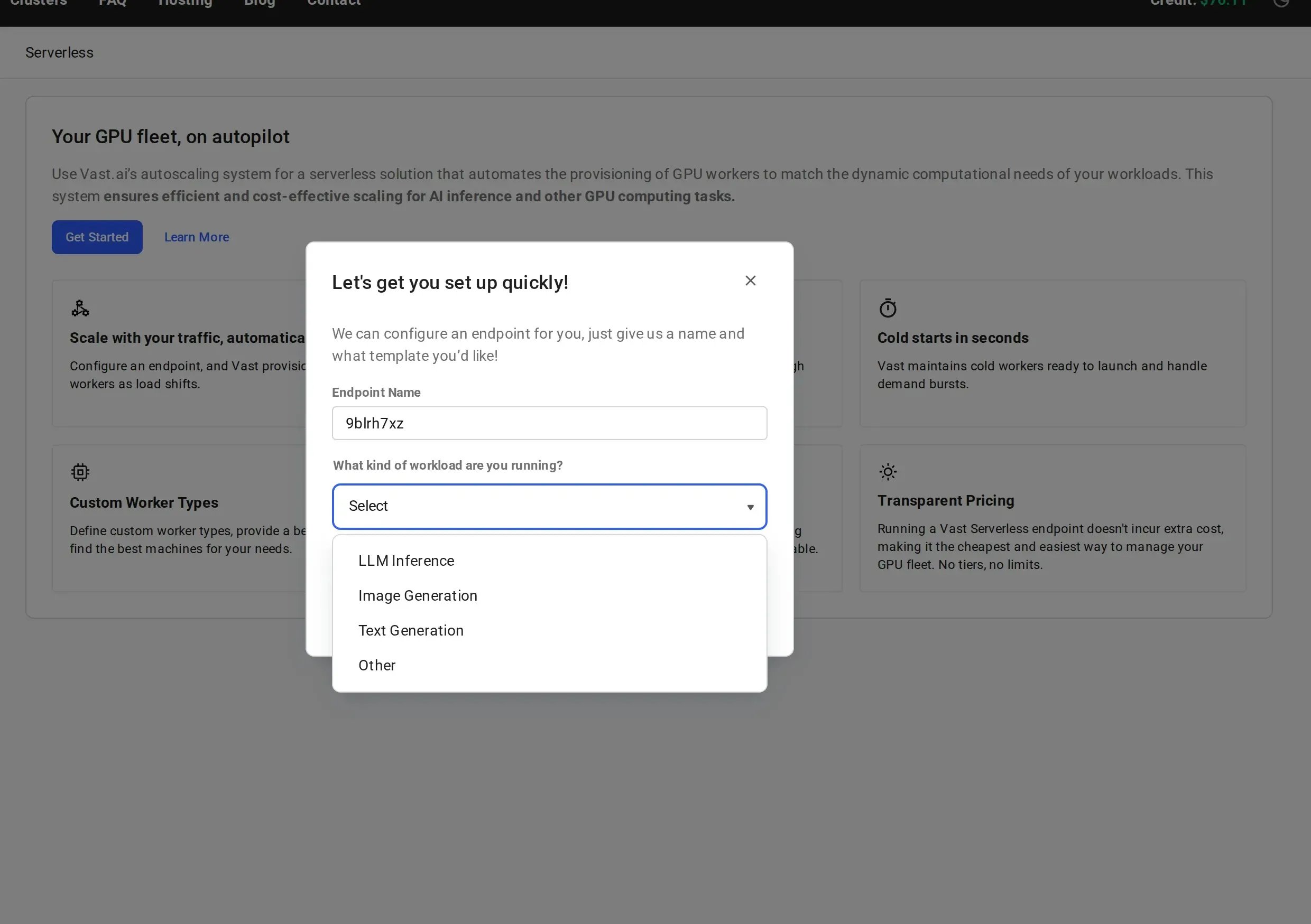 Workload type dropdown
