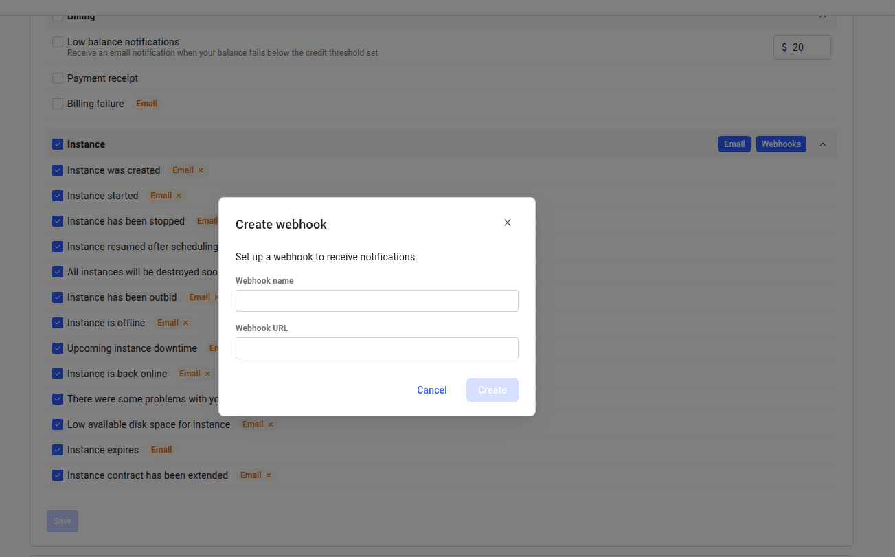 Create webhook modal with webhook name and webhook URL fields