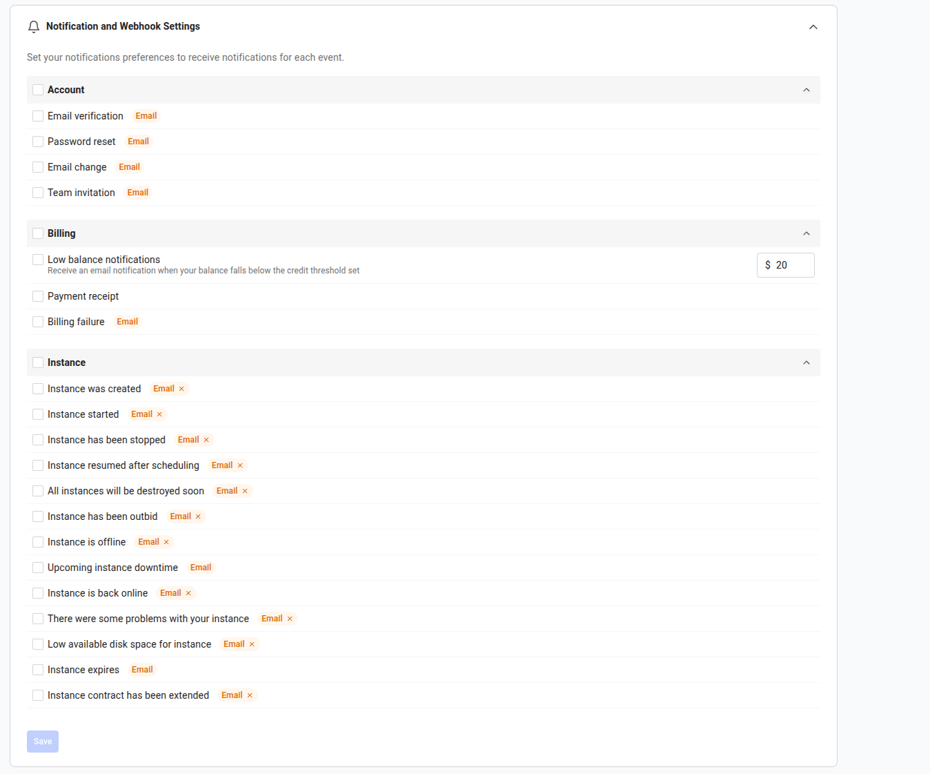 Notification Settings page with Account, Billing, and Instance notification groups