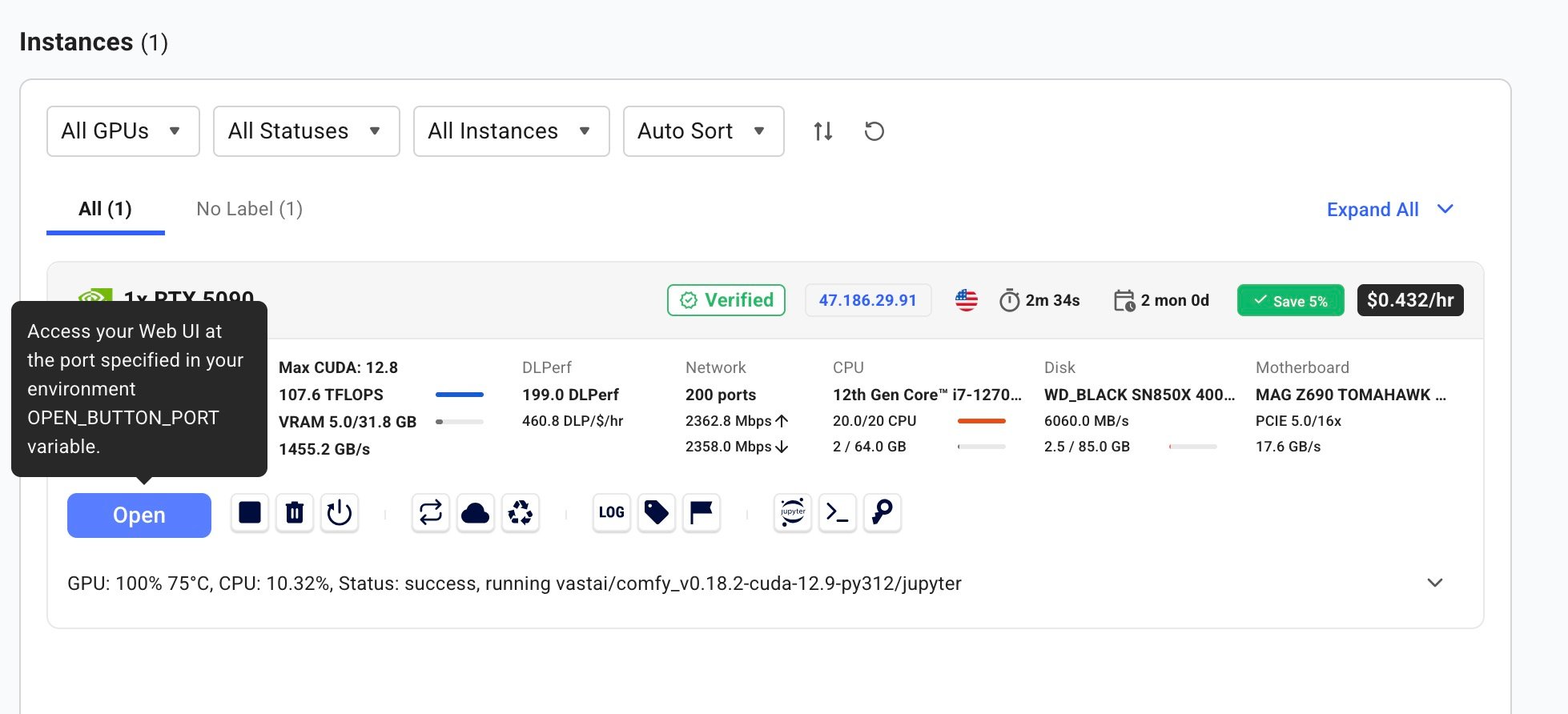 Running instance showing verified status