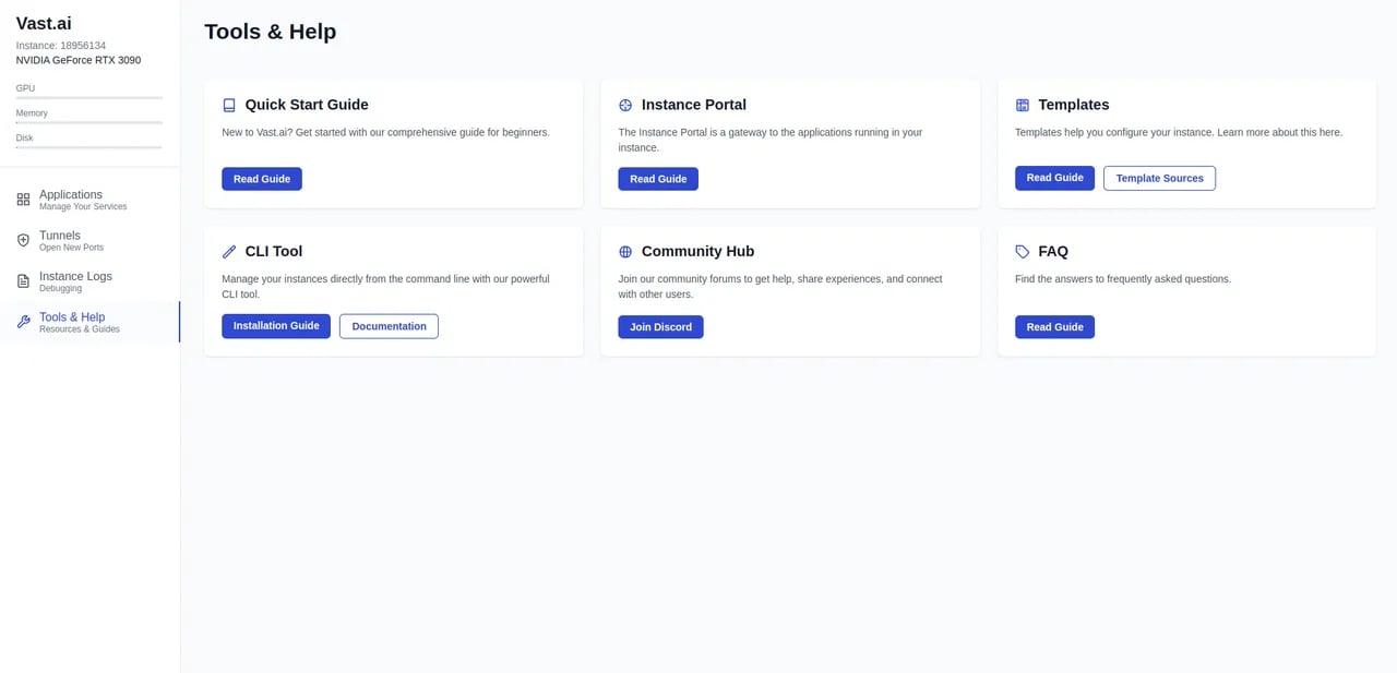 Instance Portal tools and help page
