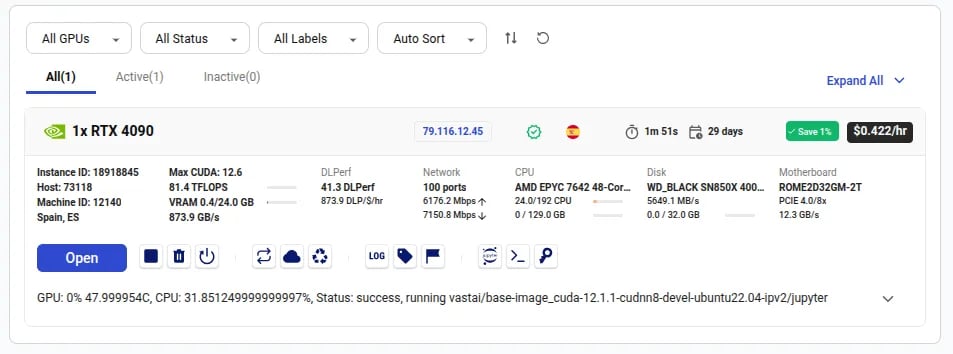 Instance card interface shows the open button