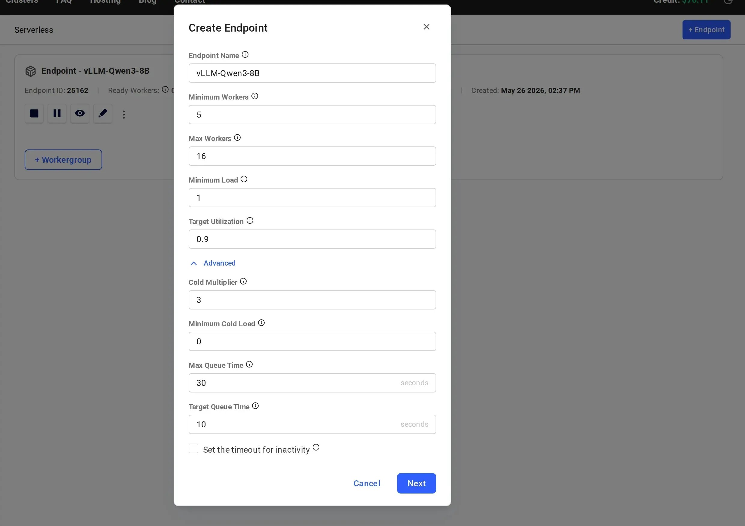 Create Endpoint advanced parameters