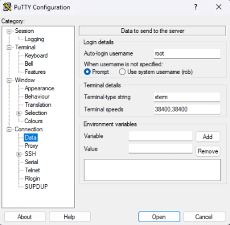 Connection data tab