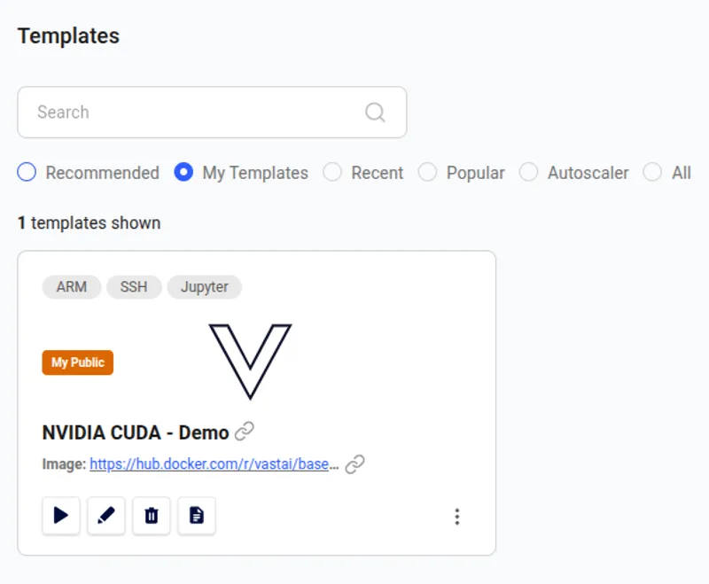 My templates showing the NVIDIA CUDA - Demo template