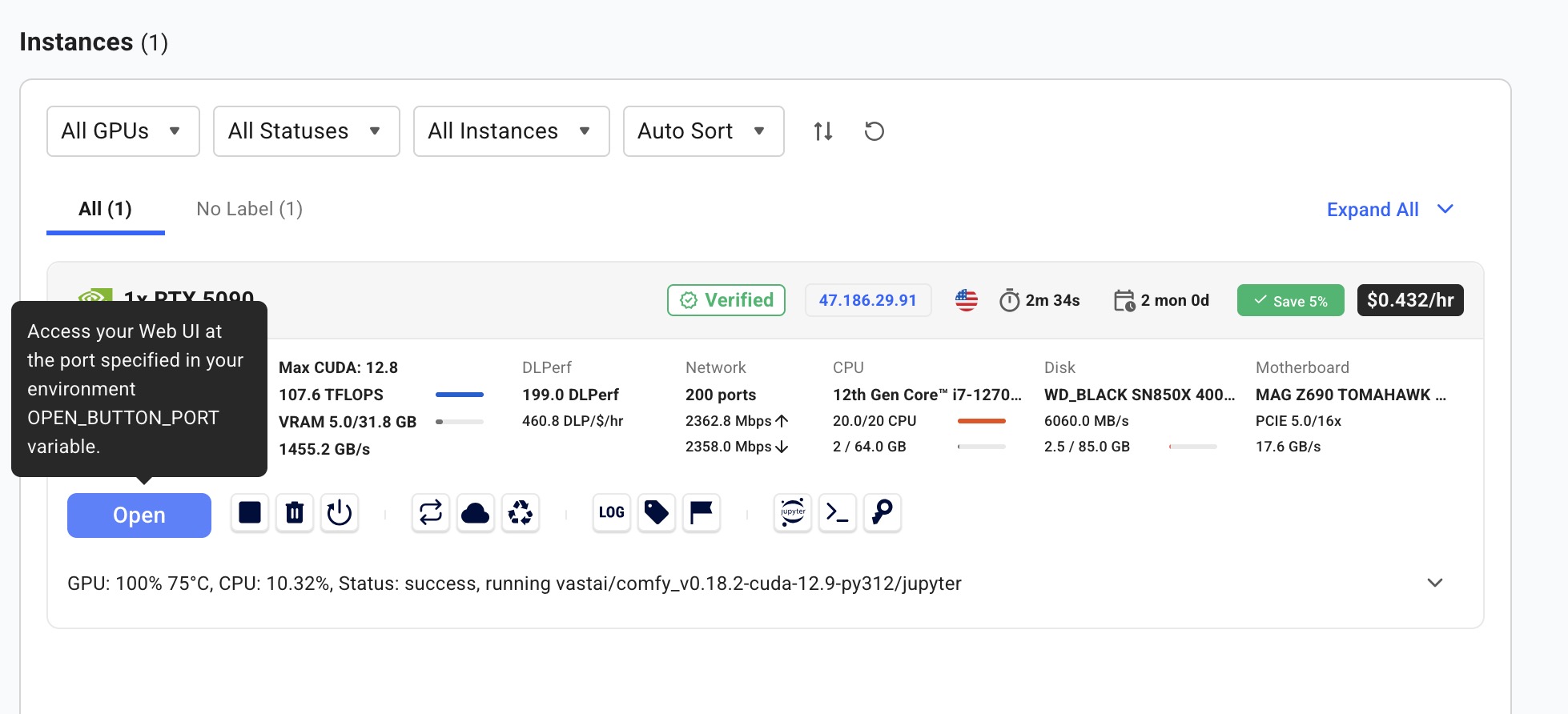 Running instance showing verified status