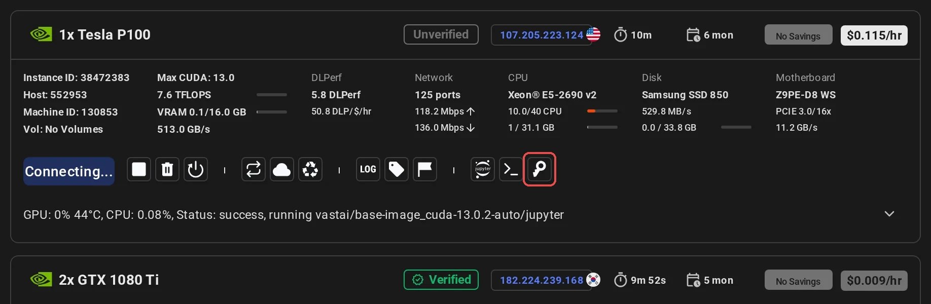 Add/remove SSH keys icon on instance card