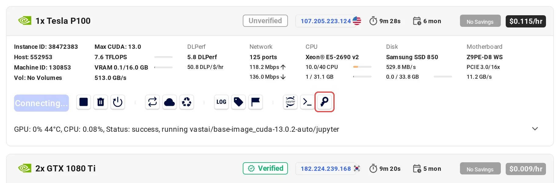 Add/remove SSH keys icon on instance card