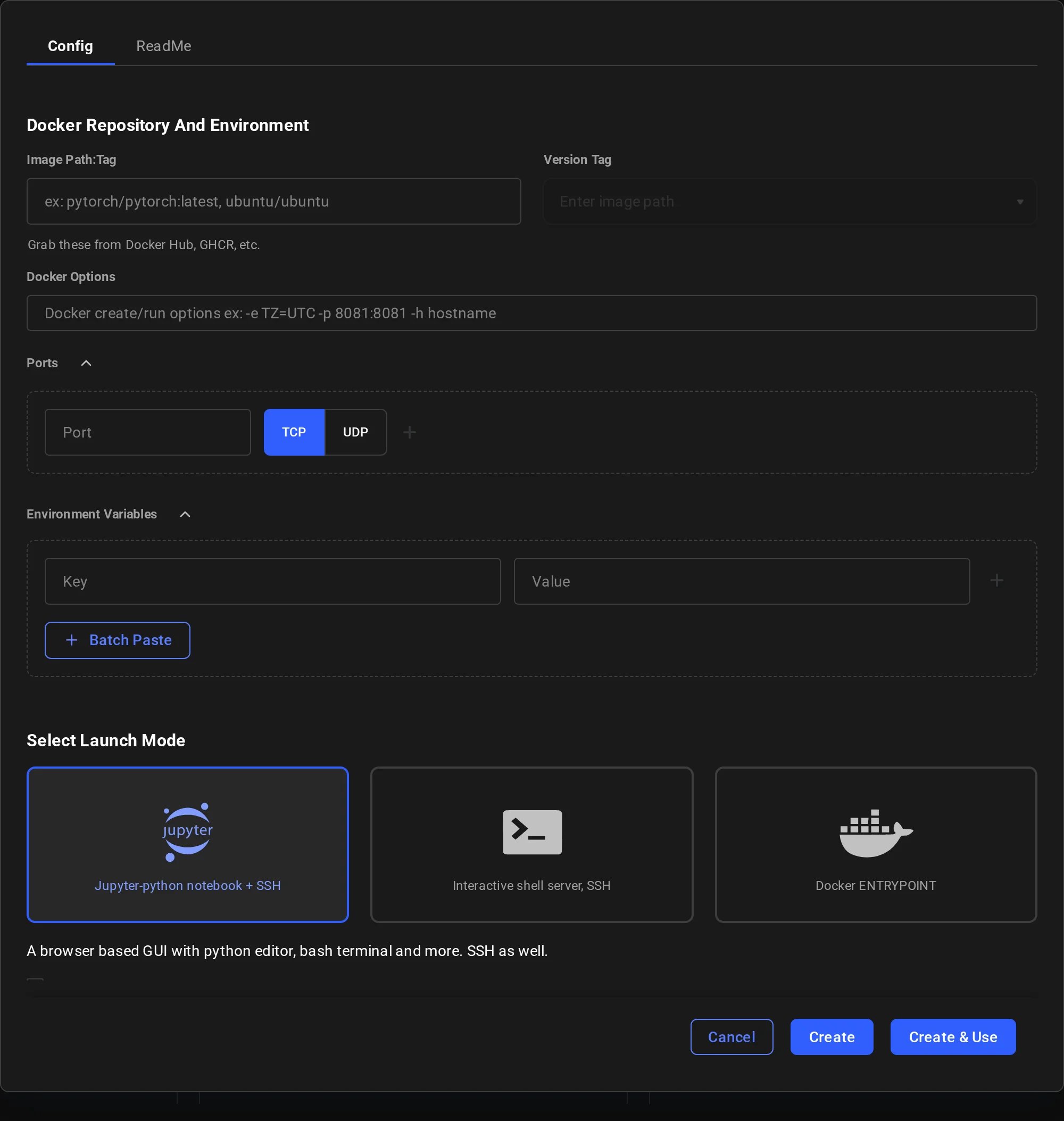 Docker section of the template editor