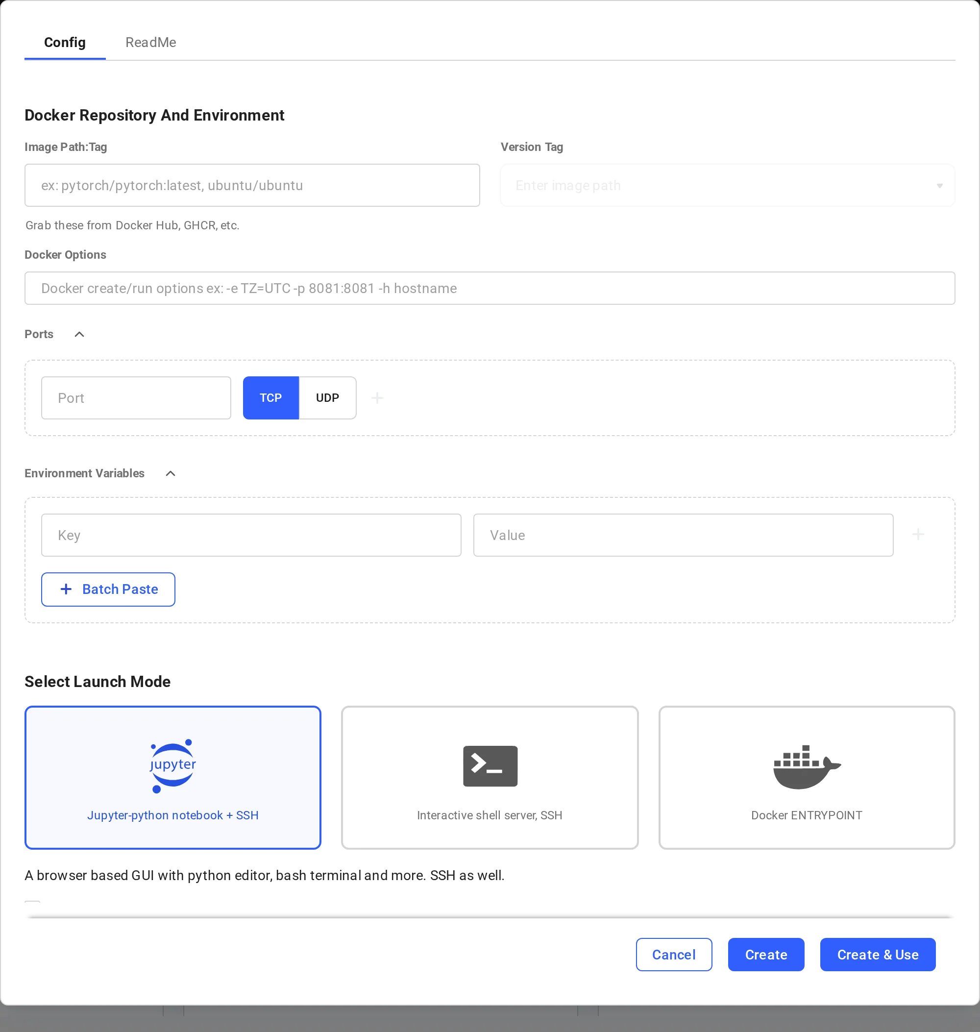 Docker section of the template editor