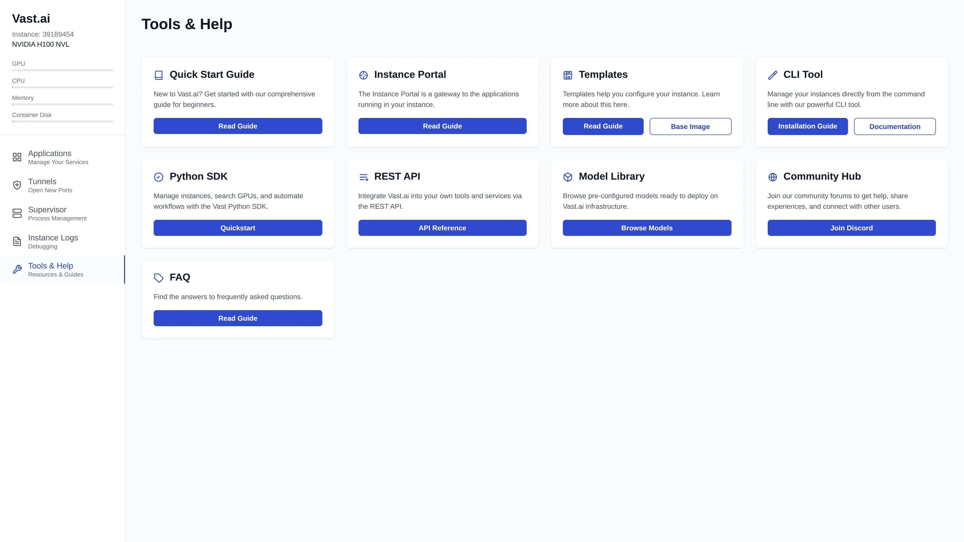 Instance Portal tools and help page